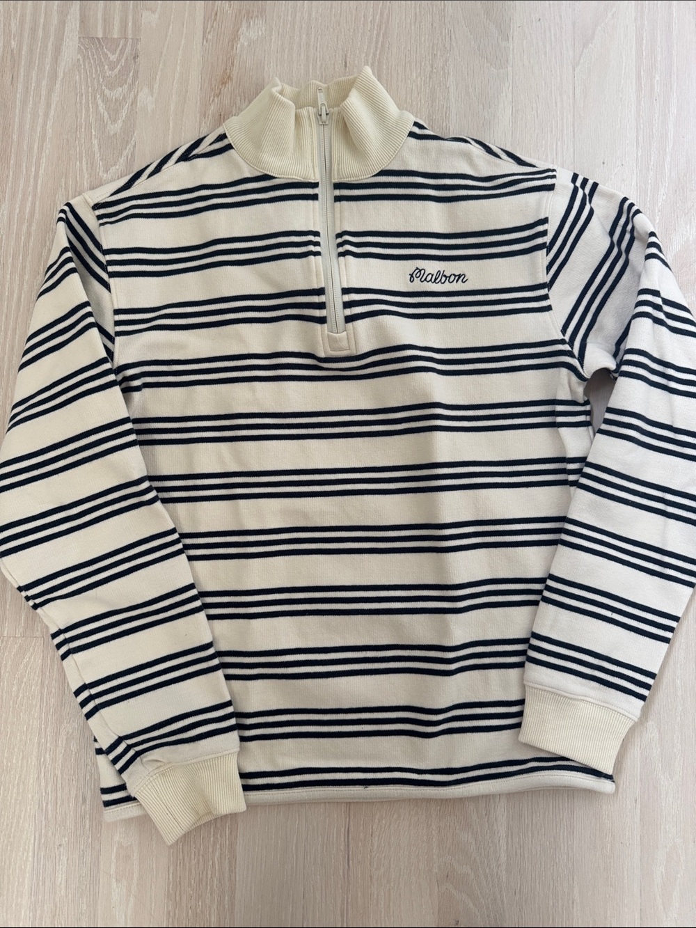 Malbon Cream and Black Striped Half-Zip Sweater